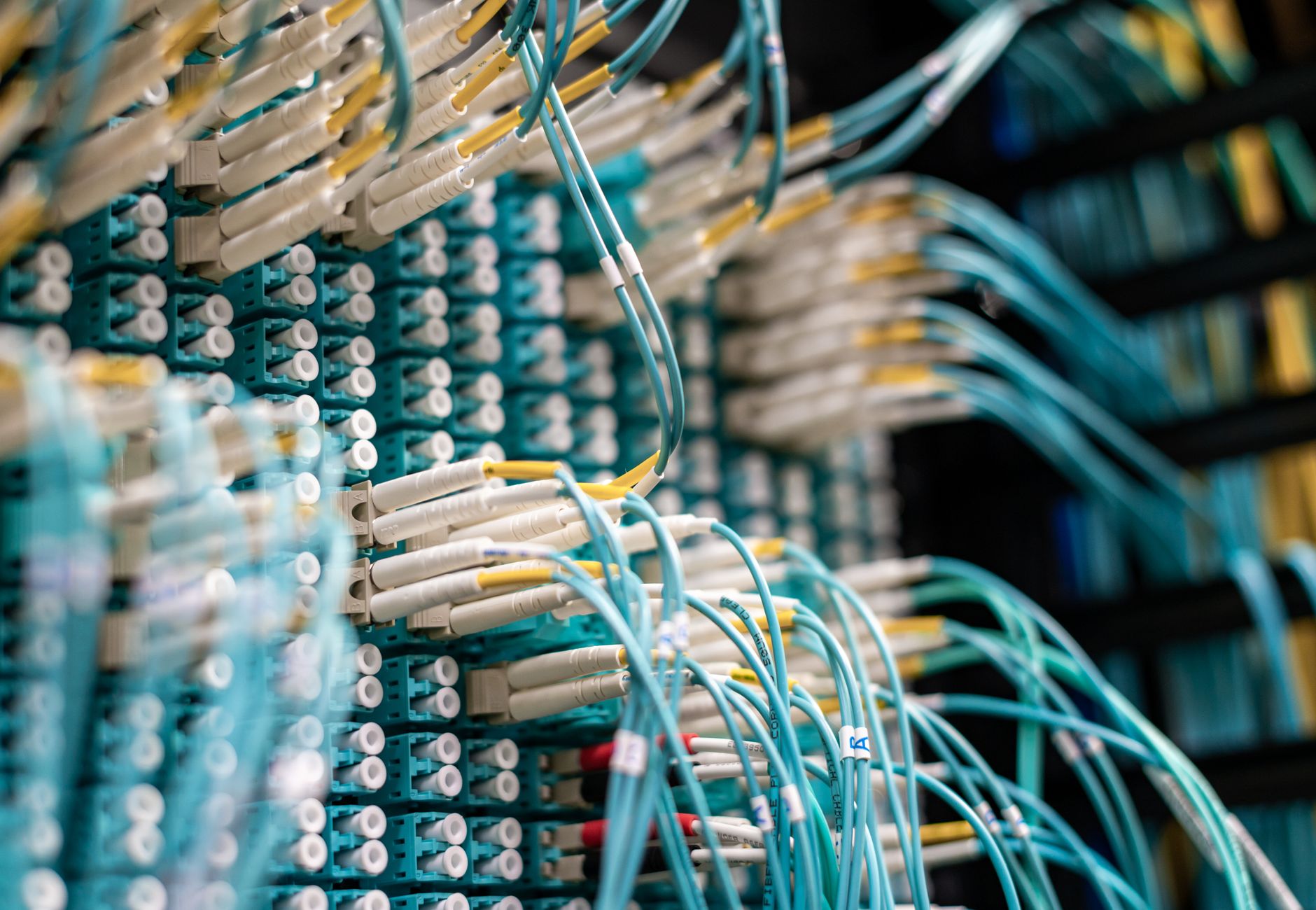 From below of long thin blue cables connected to row of small white connectors on system block in data center