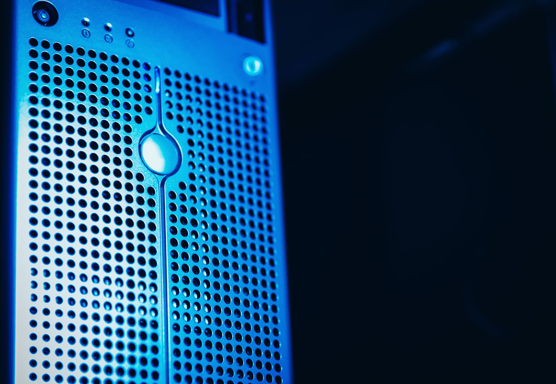 Modern server rack with blue lighting in a secure data center environment.