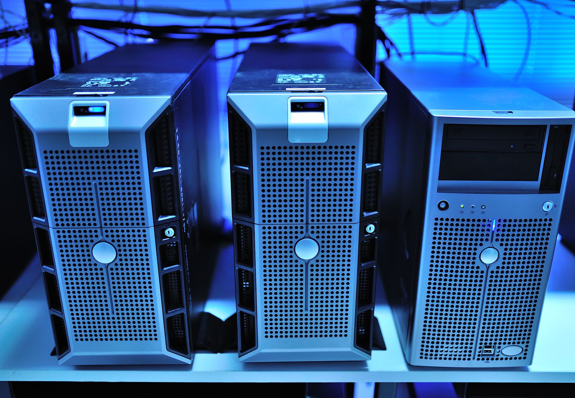 Close-up view of modern rack-mounted server units in a data center.